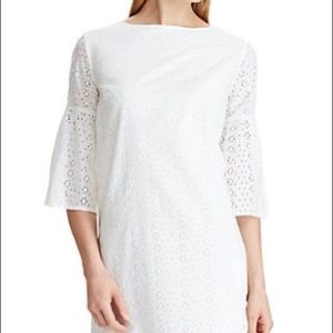 CHAPS Eyelet Dress with Bell Sleeves White NWT